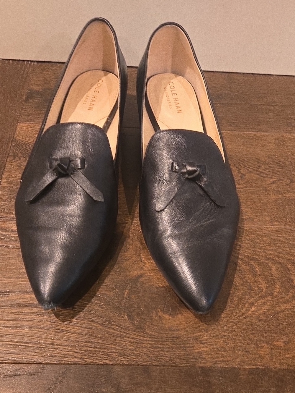 Cole Haan Black Pointed Leather Loafers with Knot Accent